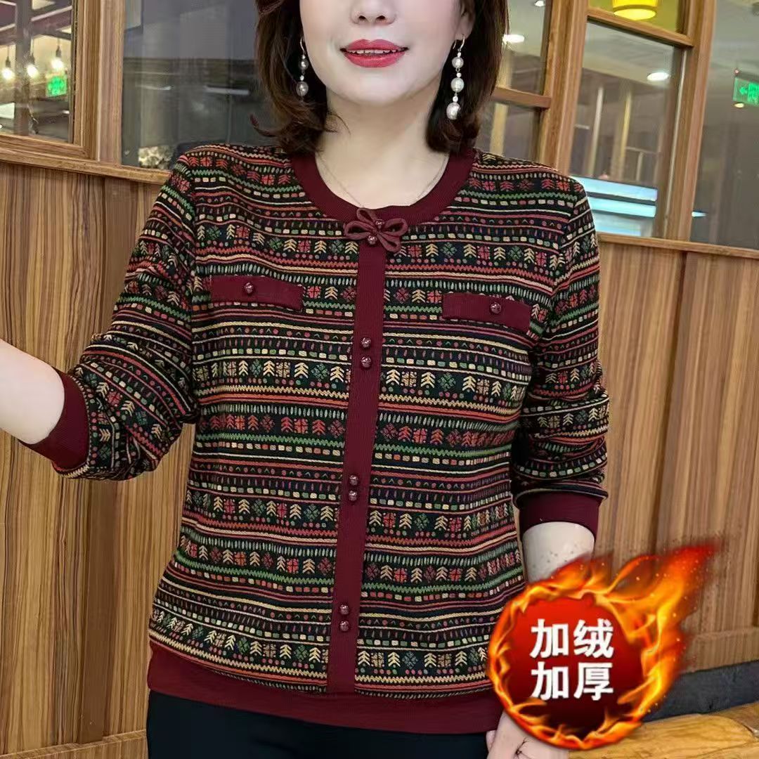 加绒保暖妈妈装秋冬新款时尚圆领印花蝴蝶结洋气宽松显瘦长袖上衣商品图
