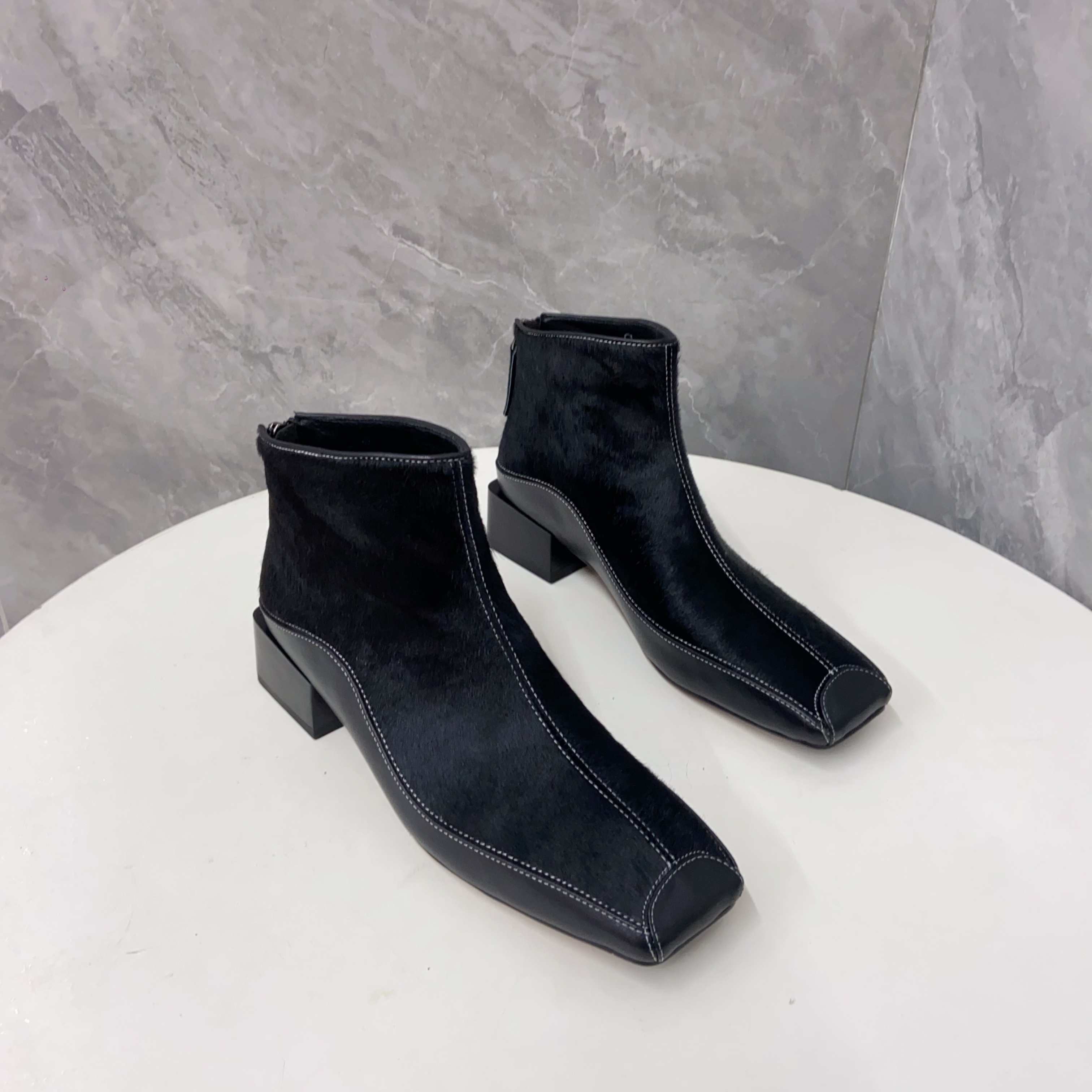 BD1011-14  黑色  时尚秋冬气质粗跟方头后拉链时装短靴 