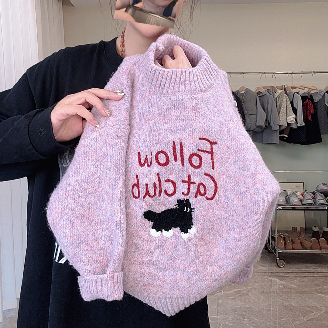 儿童毛衣女童秋冬针织衫童装毛衣雾霾紫秋冬套头卡通圆领