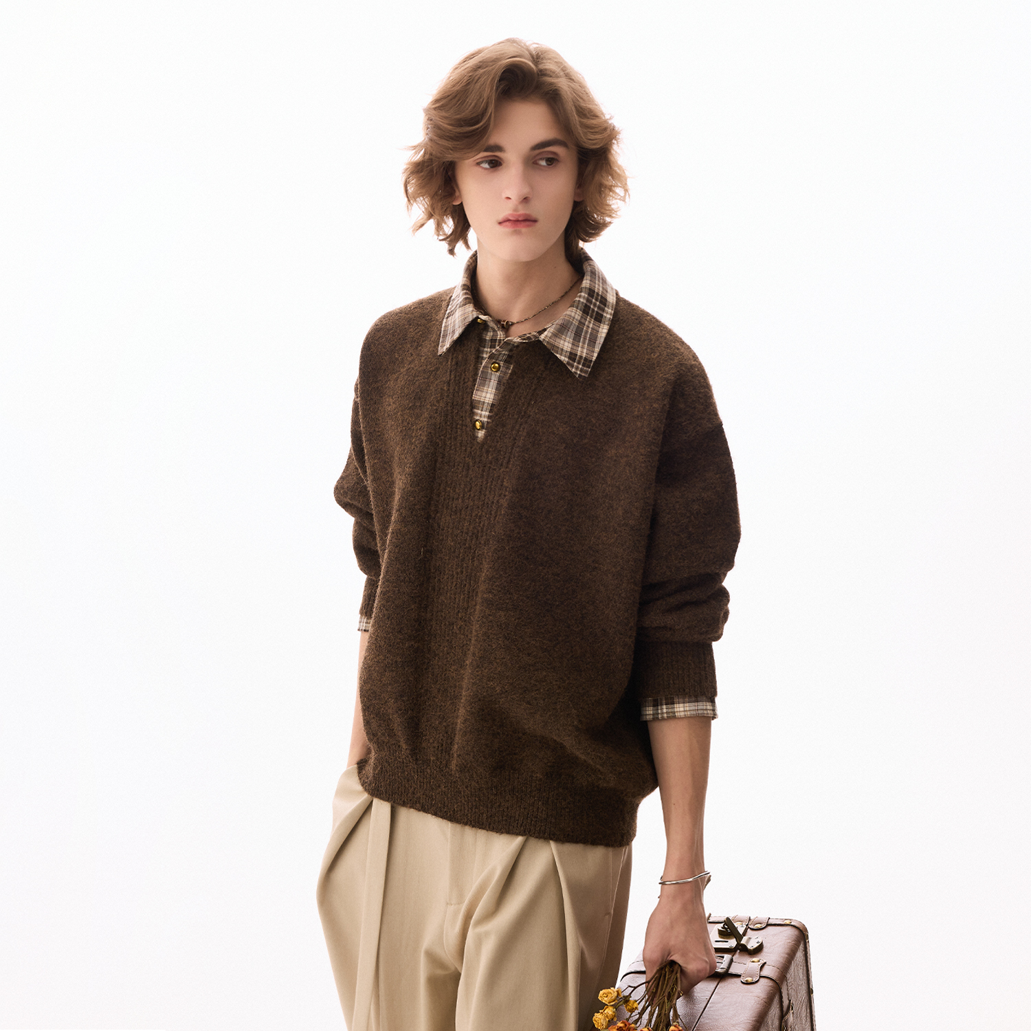 CHOR冬季新款羊毛混纺假两件针织拼格纹毛衣休闲长袖时尚百搭复古