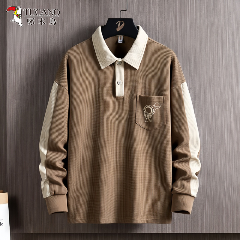 啄木鳥潮牌时尚华夫格翻领长袖t恤衫男士秋季薄款撞色百搭polo衫