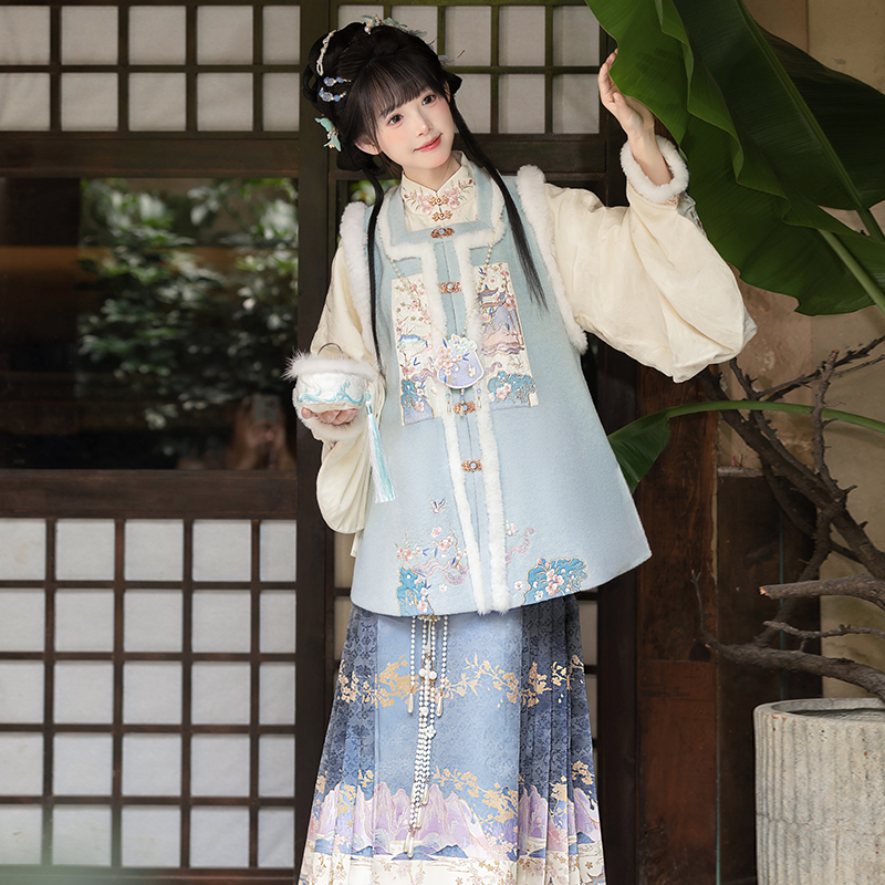 重回汉唐 桃之夭夭 竖领对襟袄比甲马面裙套装明制汉服女成人