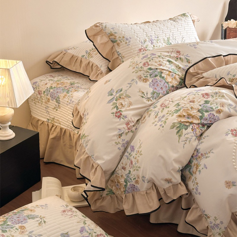 全棉床盖四件套韩版花边被套床上用品公主风刺绣被罩