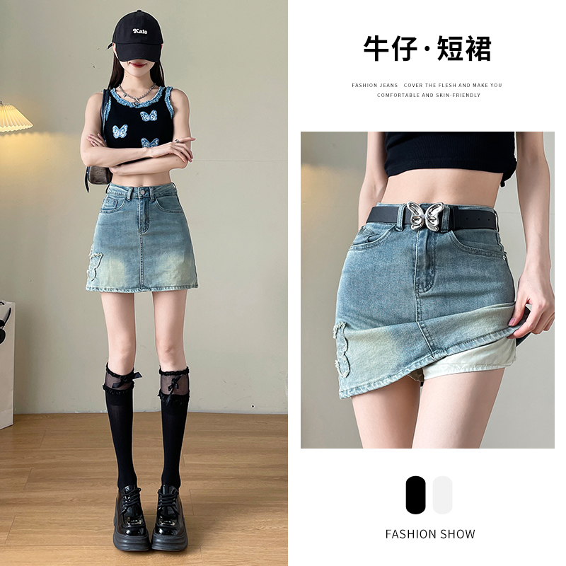韩版A字复古牛仔半身裙夏季2025新款高腰显瘦蝴蝶刺绣包臀裙
