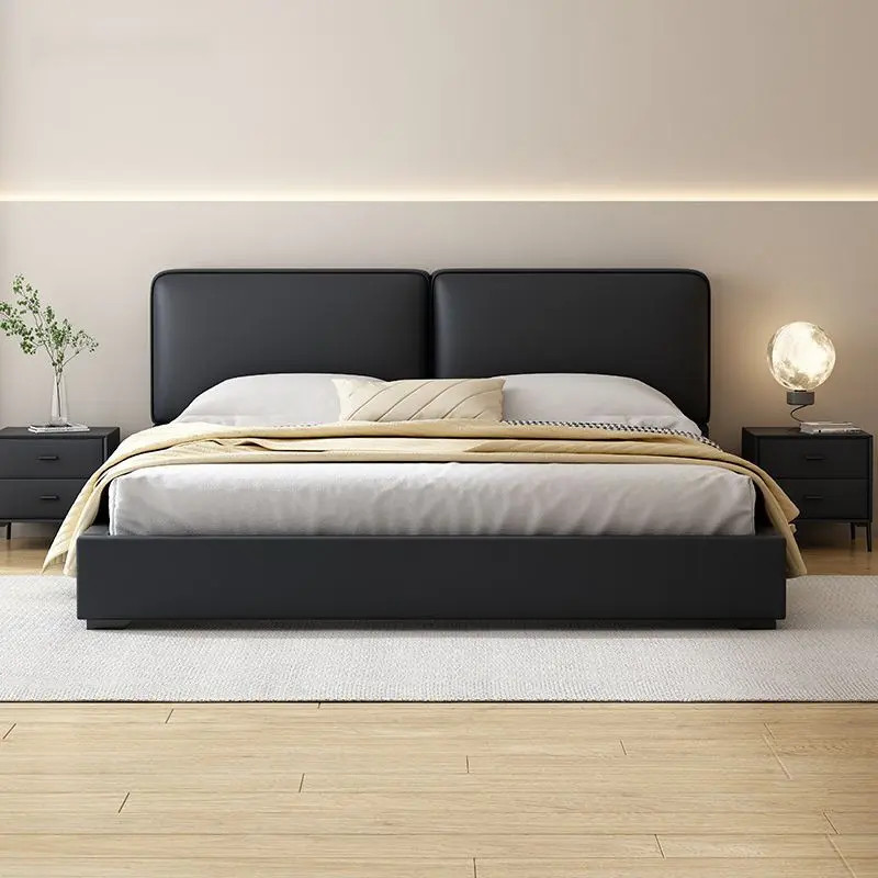 佛山意式极简大黑牛双人主卧简约豆腐块真皮床小户型储物床软包床