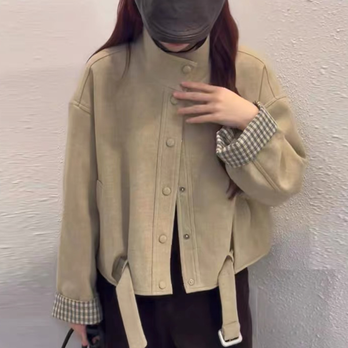 韩系格子拼接立领单排扣毛呢外套