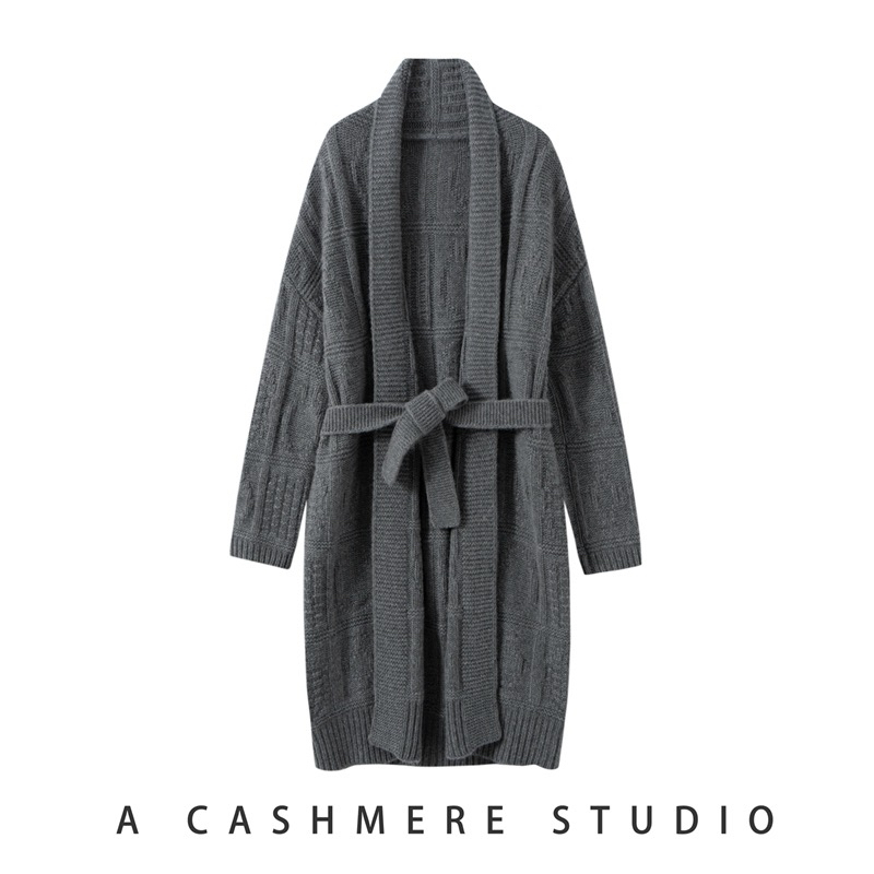 山羊绒加厚绞花开衫外套女秋冬拉绒工艺慵懒风时尚长款针织大衣