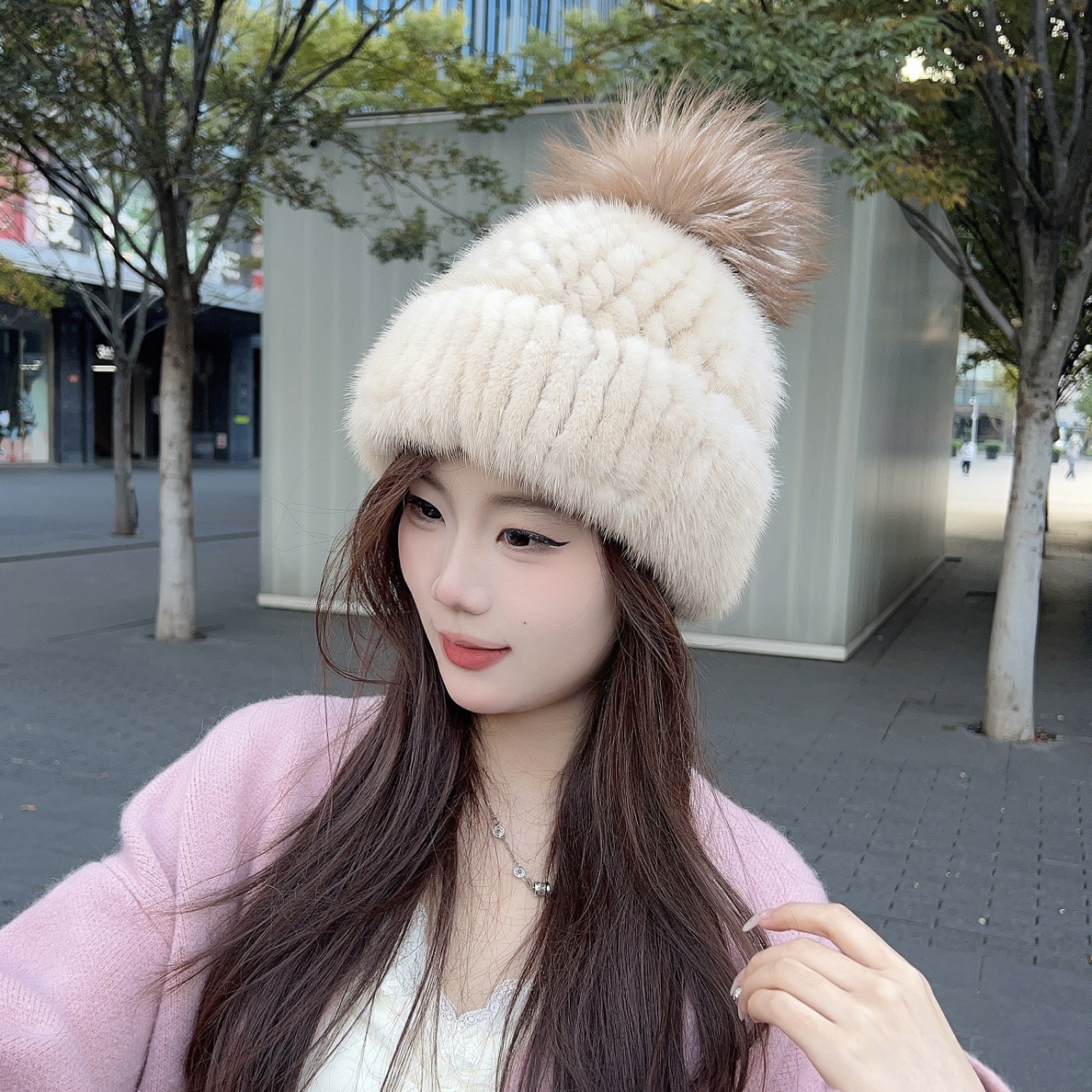 新款女生水貂毛编织弹力帽子真毛狐狸毛球皮草冬季保暖帽子