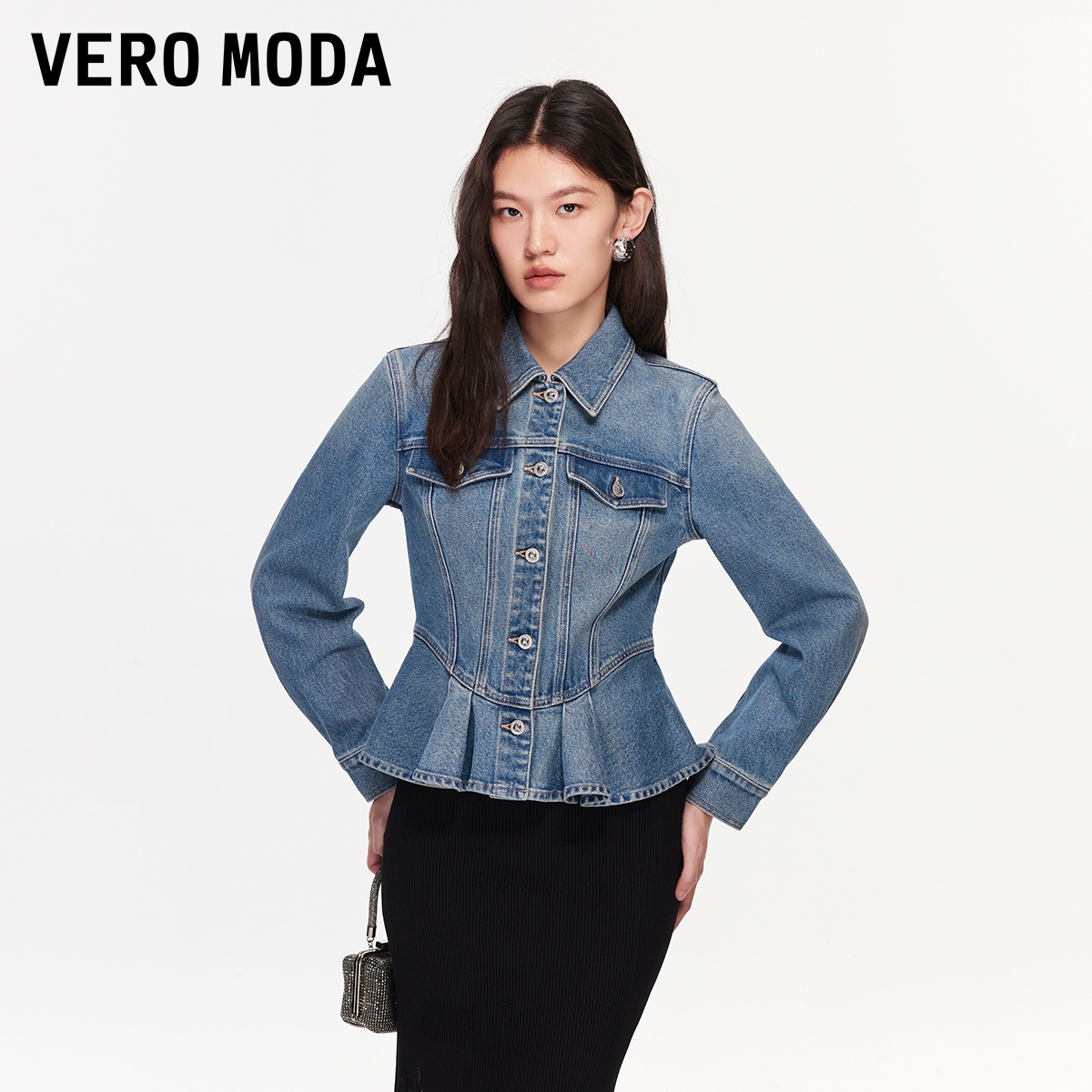 Vero Moda短外套2026春季新款含棉荷叶边收腰牛仔外套326157001
