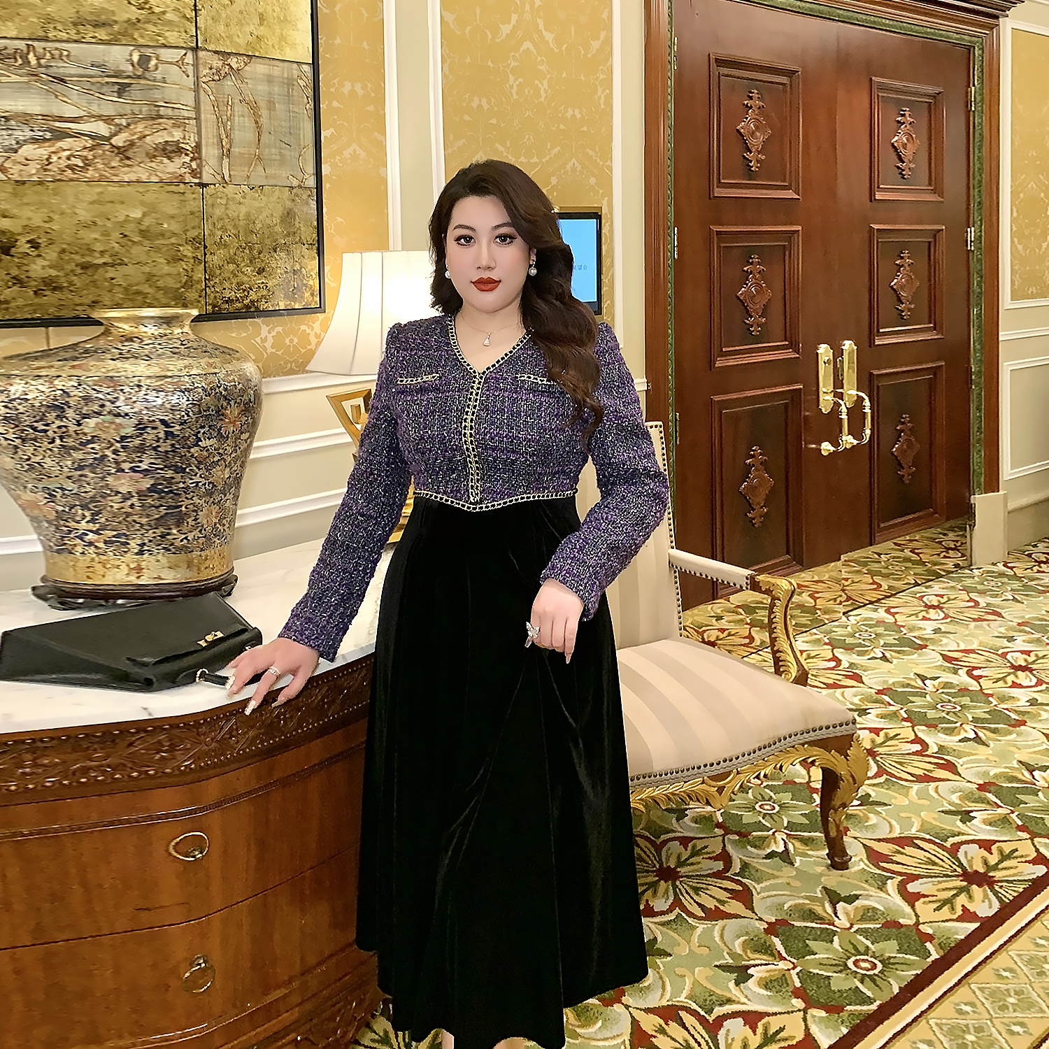 GLEC高端胖mm大码女装轻奢假两件小香风粗花呢时尚V领丝绒连衣裙