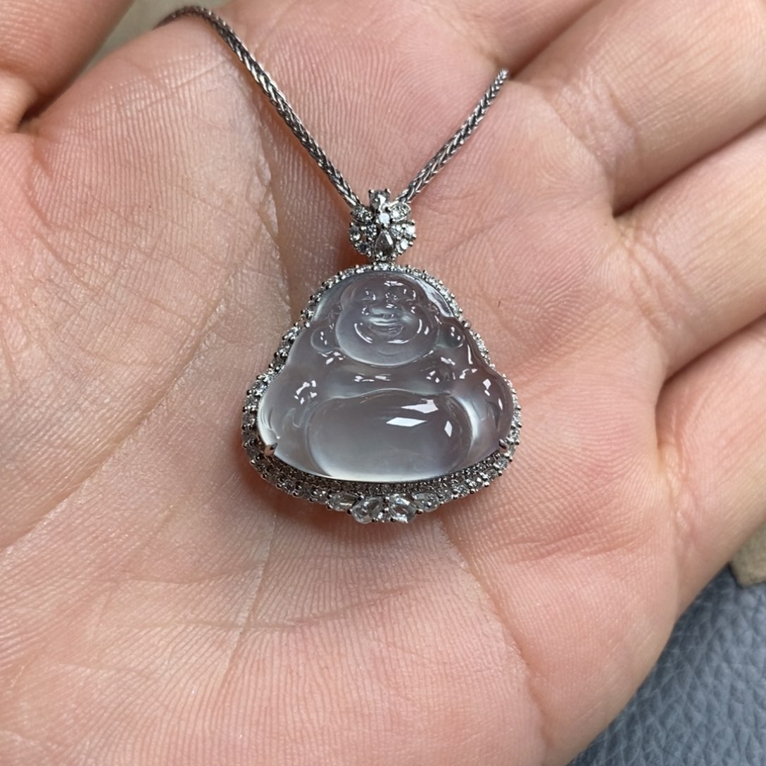 翡翠颈饰18K金镶嵌玻璃种蓝刚一刀切笑佛