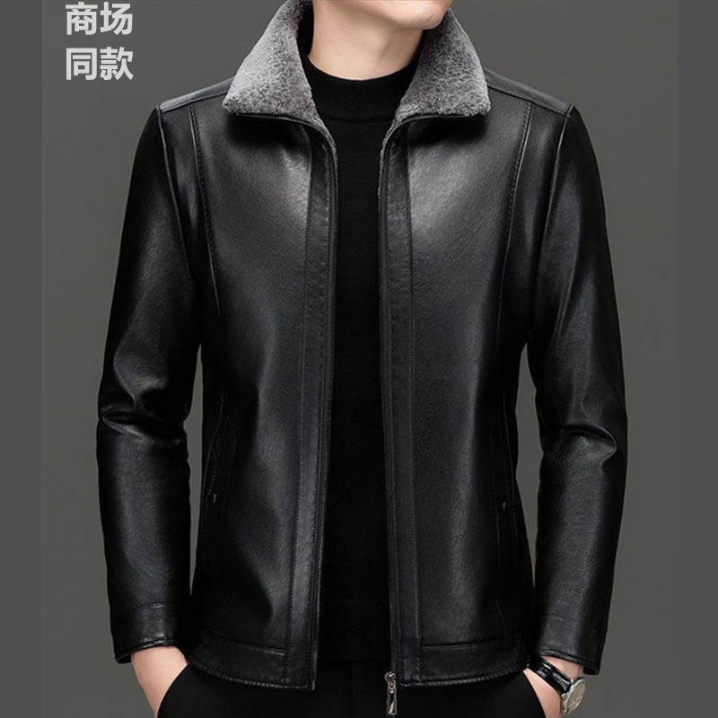绵羊皮加绒加厚皮毛外套男常规款翻领冬季多口袋皮衣秋冬男装爸爸