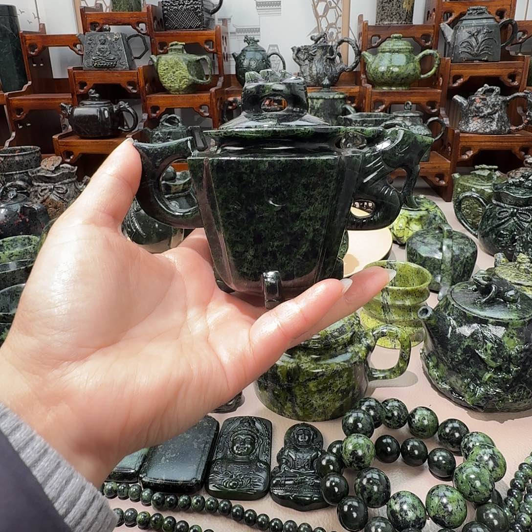 子***墨蛇纹石玉未镶嵌藏玉药王石茶壶微瑕不退不换