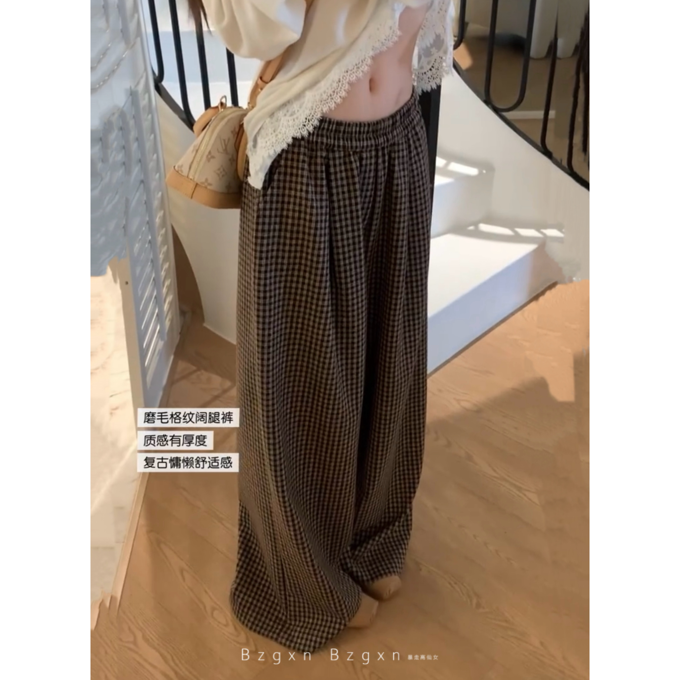 175高个子加长复古格子毛呢阔腿裤女秋冬高腰显瘦休闲拖地长裤子