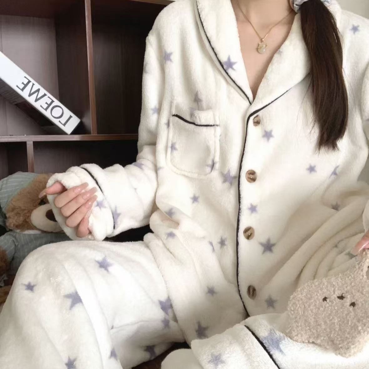 【双字母高定版】杨幂同款冬季奢华暖舒绒软条纹豹纹家居服套装