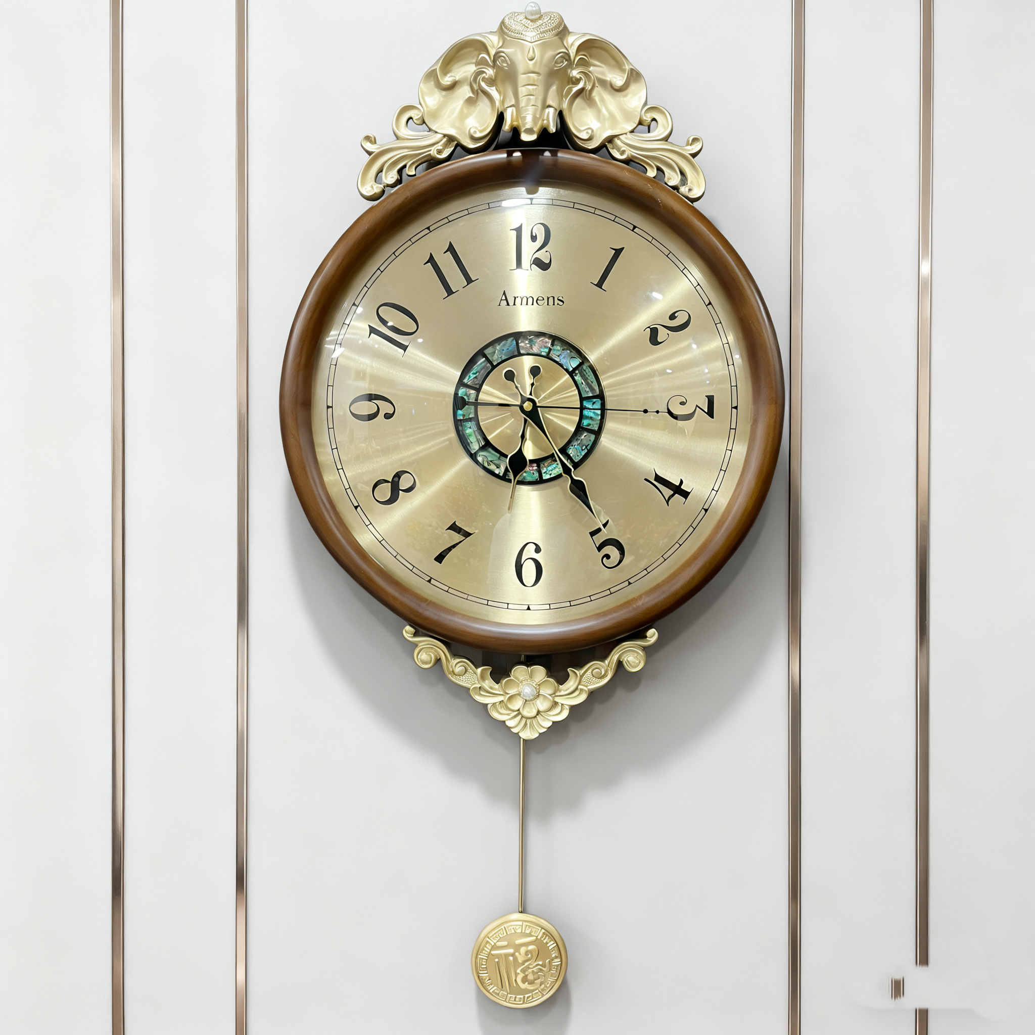 黄铜小众两用欧式钟表挂钟客厅轻奢吉象家用创意挂墙时钟静音