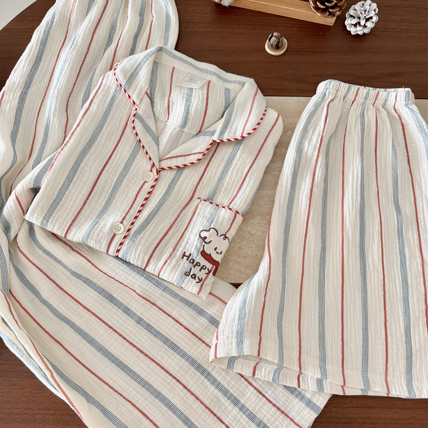 双层棉纱睡衣女夏季薄款卷毛小狗绣花可外穿短袖纯棉家居服套装