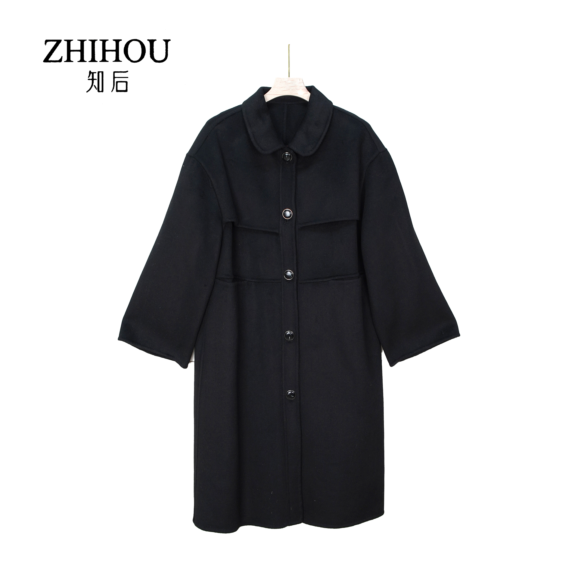 A805【知后轻奢定制】时尚黑色翻领单排扣简约百搭款大衣