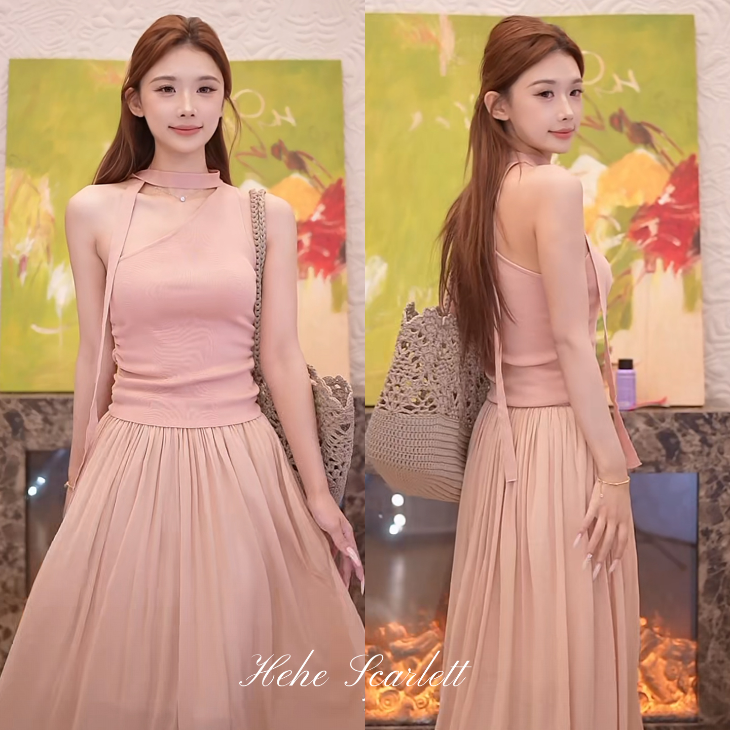 scarlett&hehe你的呵呵Scarlett｜桑蚕丝斜肩挂脖飘带温柔风吊带