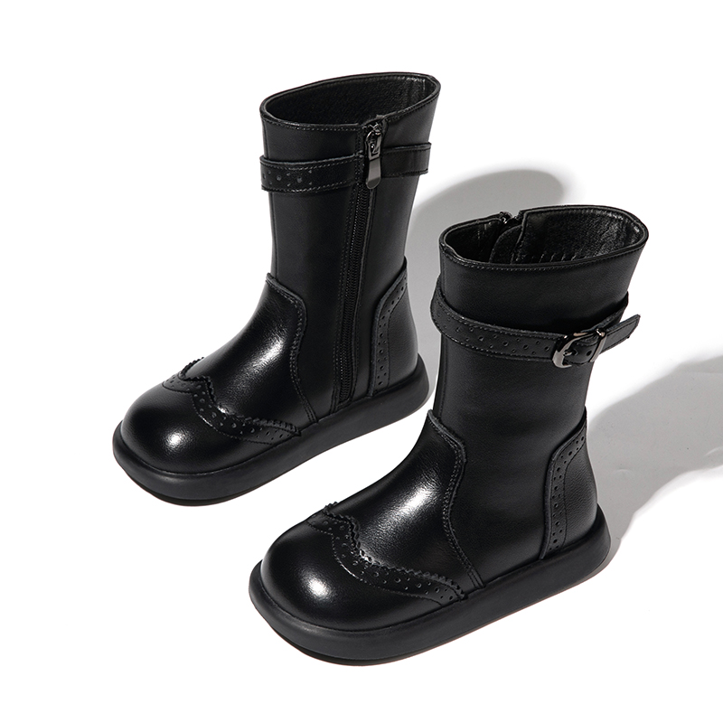 2025冬季女童真皮中筒靴小女孩韩版公主单靴加绒保暖宝宝牛皮棉靴