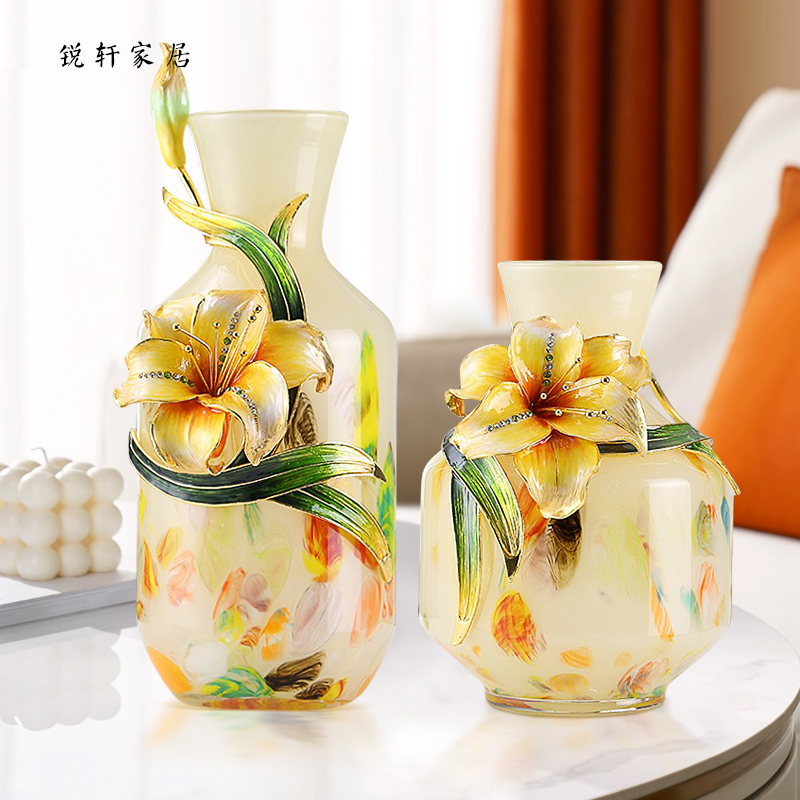 百合花设计感琉璃花瓶插花客厅餐桌摆件彩色轻奢珐琅彩装饰花瓶