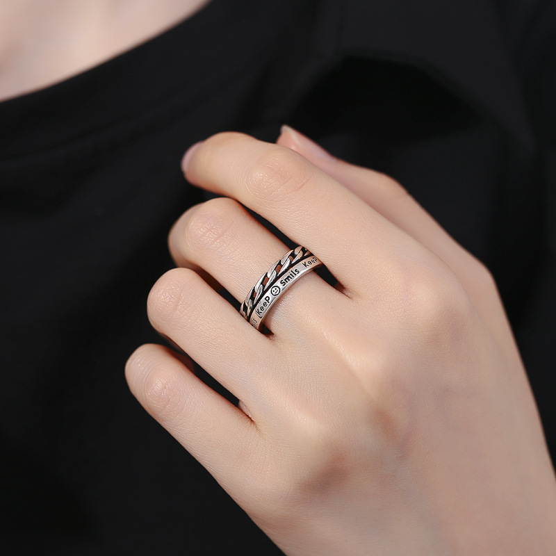 铜合金戒指 时尚百搭简约素圈（链条双层笑脸）小众个性可调节戒指