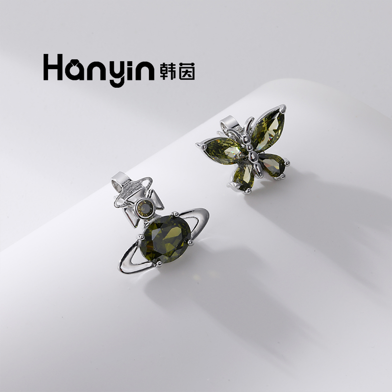 铜合金合成锆石耳饰 925银针时尚百搭土星蝴蝶不对称耳钉AAA