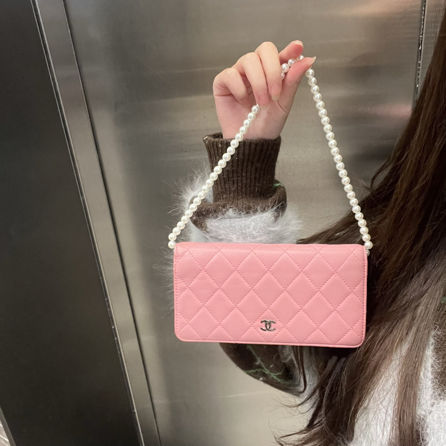95新 Chanel/香奈儿 chanel玫瑰粉零钱包手拿包