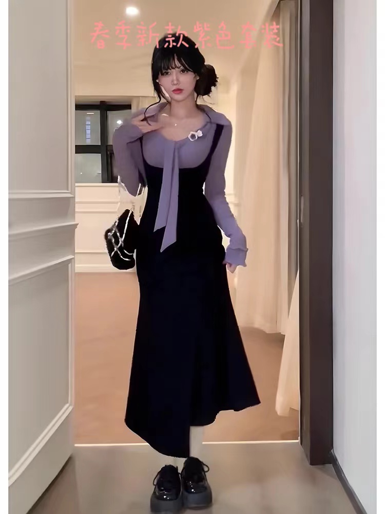 2025春季时尚气质长裙连衣裙春季修身轻奢套头设计感两件套1353#