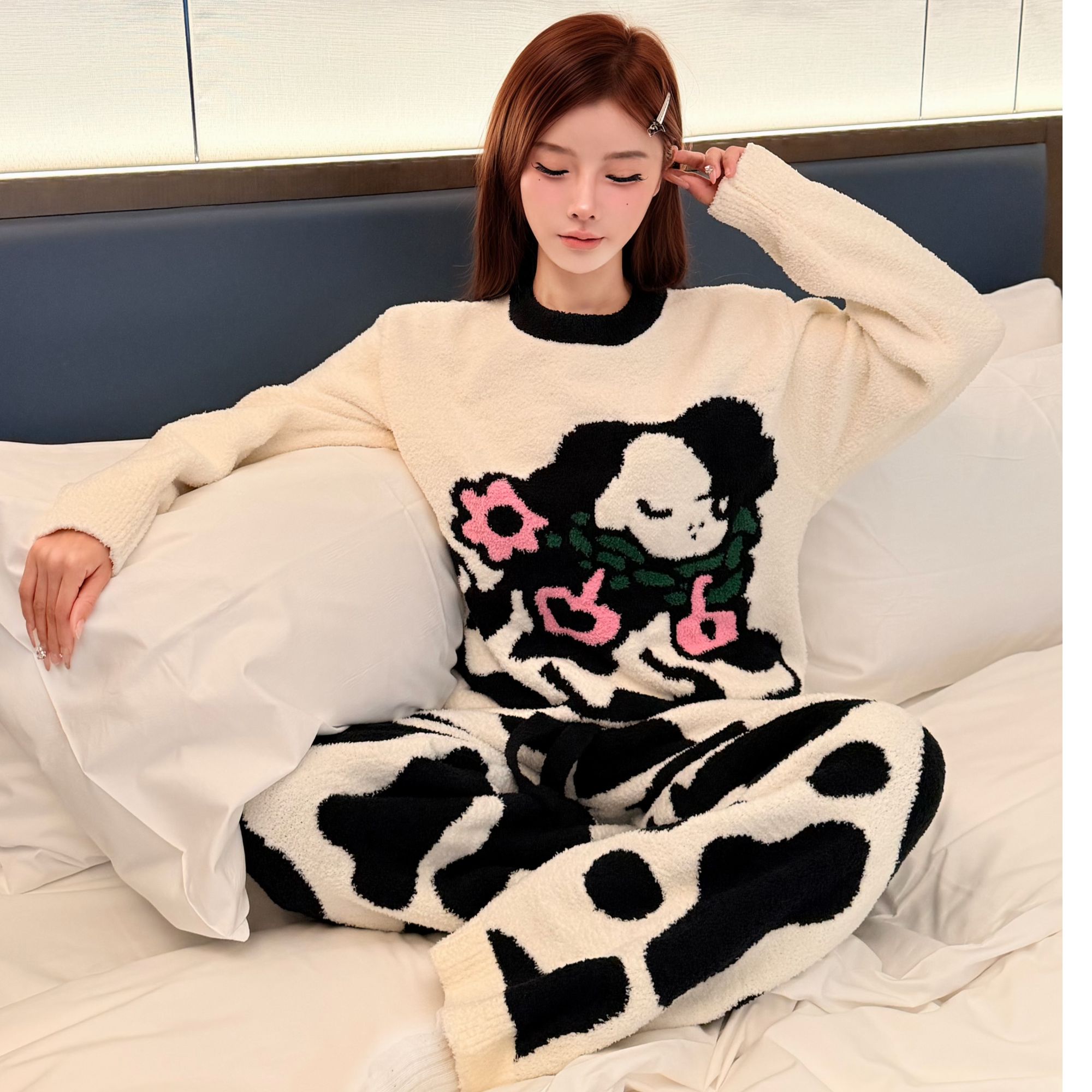 【奶牛】女士半边绒家居服套装时尚慵懒风加厚