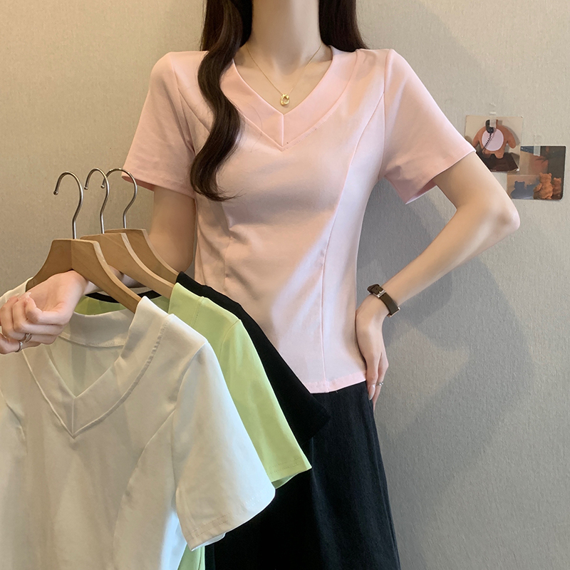 A大码胖mm正肩巨显瘦V领短袖t恤女2025夏季韩版时尚百搭T恤上衣