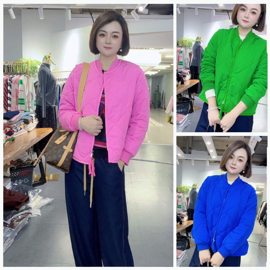 【DJ轻奢】纯色秋冬新款立领短款菱格纹夹棉外套糖果色百搭拉链棉服