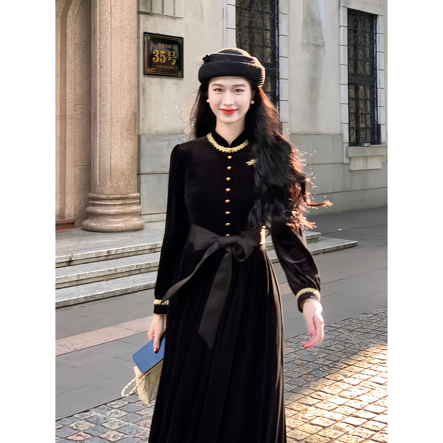 凌茜恣禾【枫糖黑巧】法式黑丝绒长袖长裙裙子系带掐腰a字连衣裙