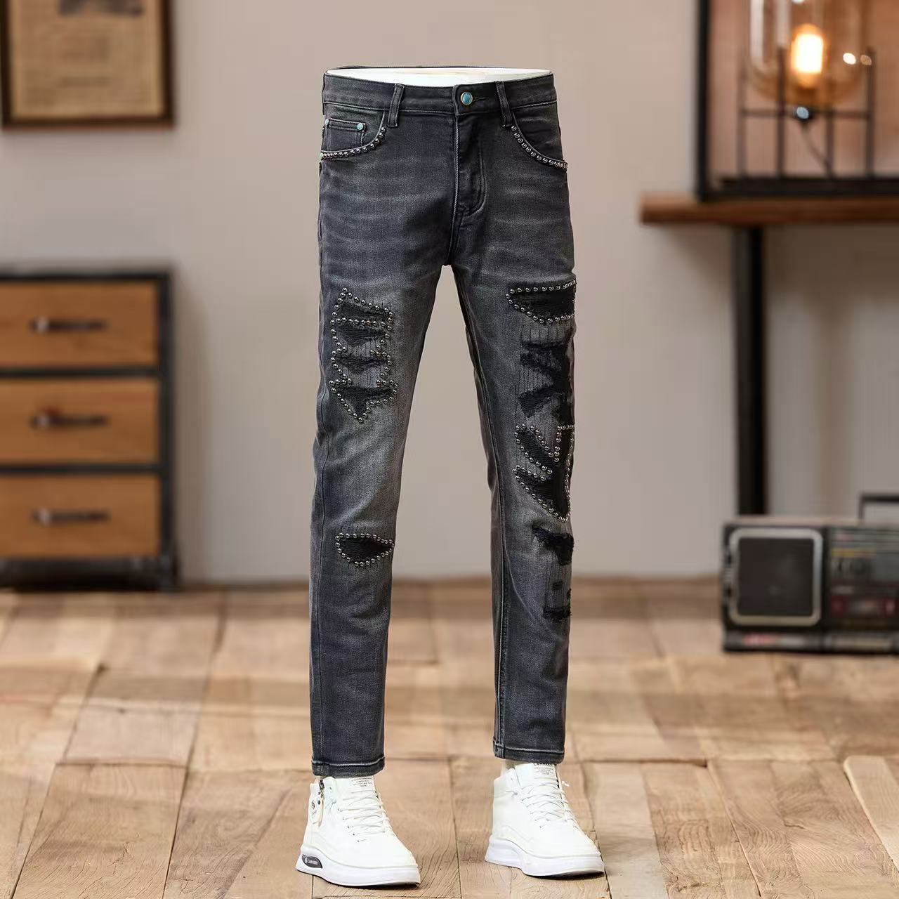 微弹烫珠破洞长裤男款机车牛仔裤弹力秋冬直筒男装牛仔裤