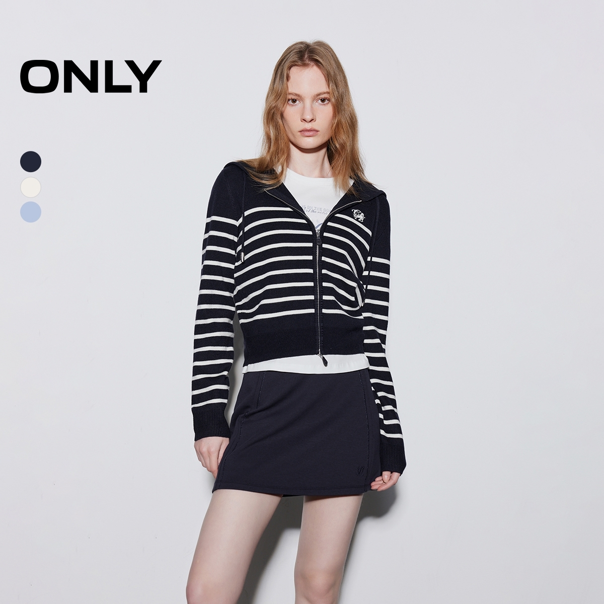 ONLY2026春季新款条纹双向拉链亲肤连帽开衫针织衫女|12613A004