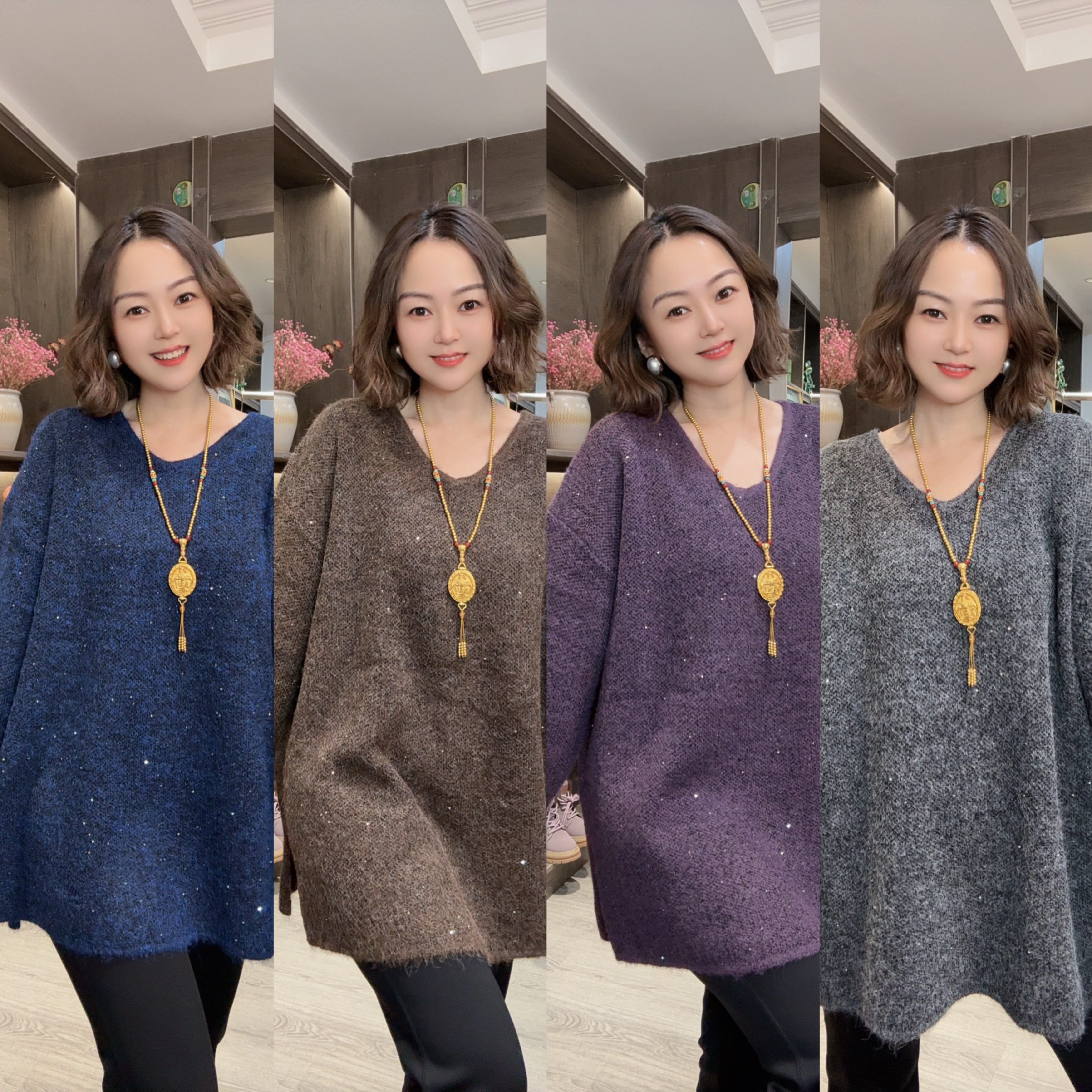 【 满天星V领四个色2146】韩版宽松冬款时尚美丽慵懒风百搭套头毛衣