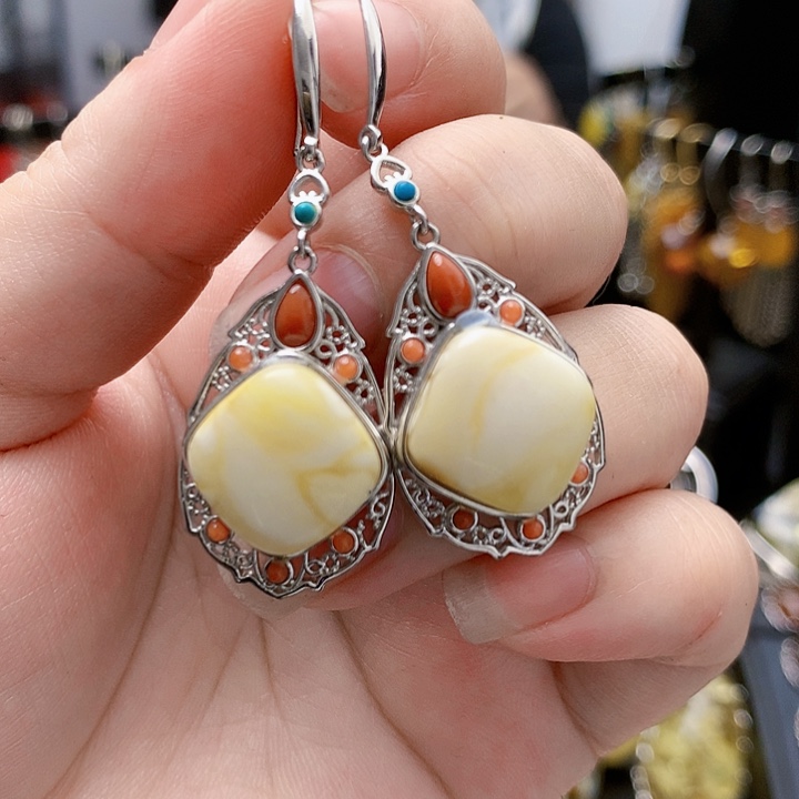 琥珀裸石银S925镶嵌耳坠