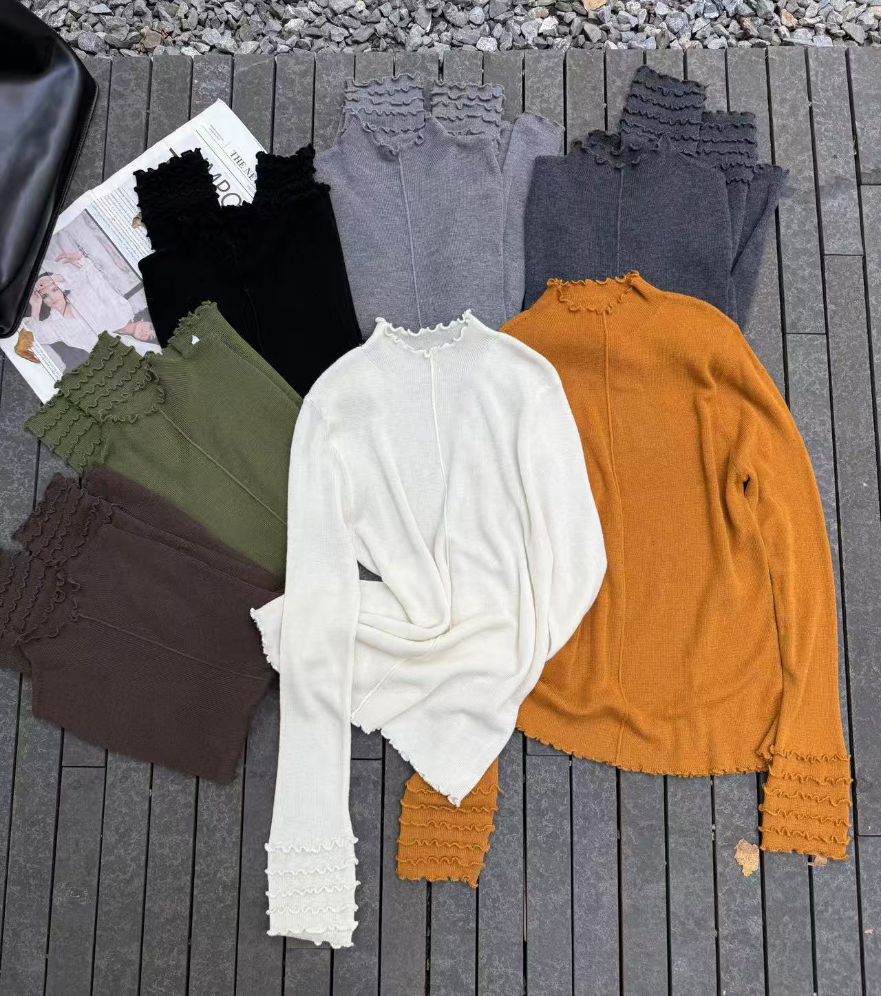 8278女针织毛针织衫上衣修身木耳花边半高领打底衫纯色