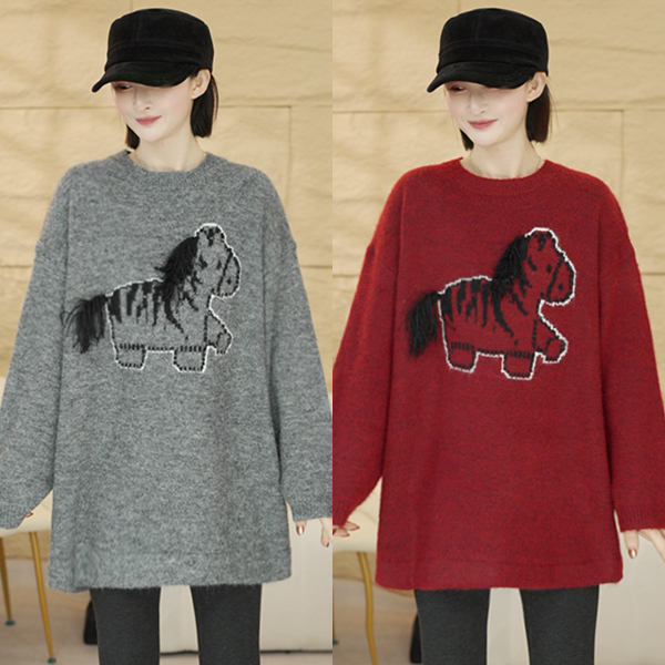 秋冬新款欧货卡通趣味流苏小马休闲减龄针织毛衣宽松遮肉显瘦上衣