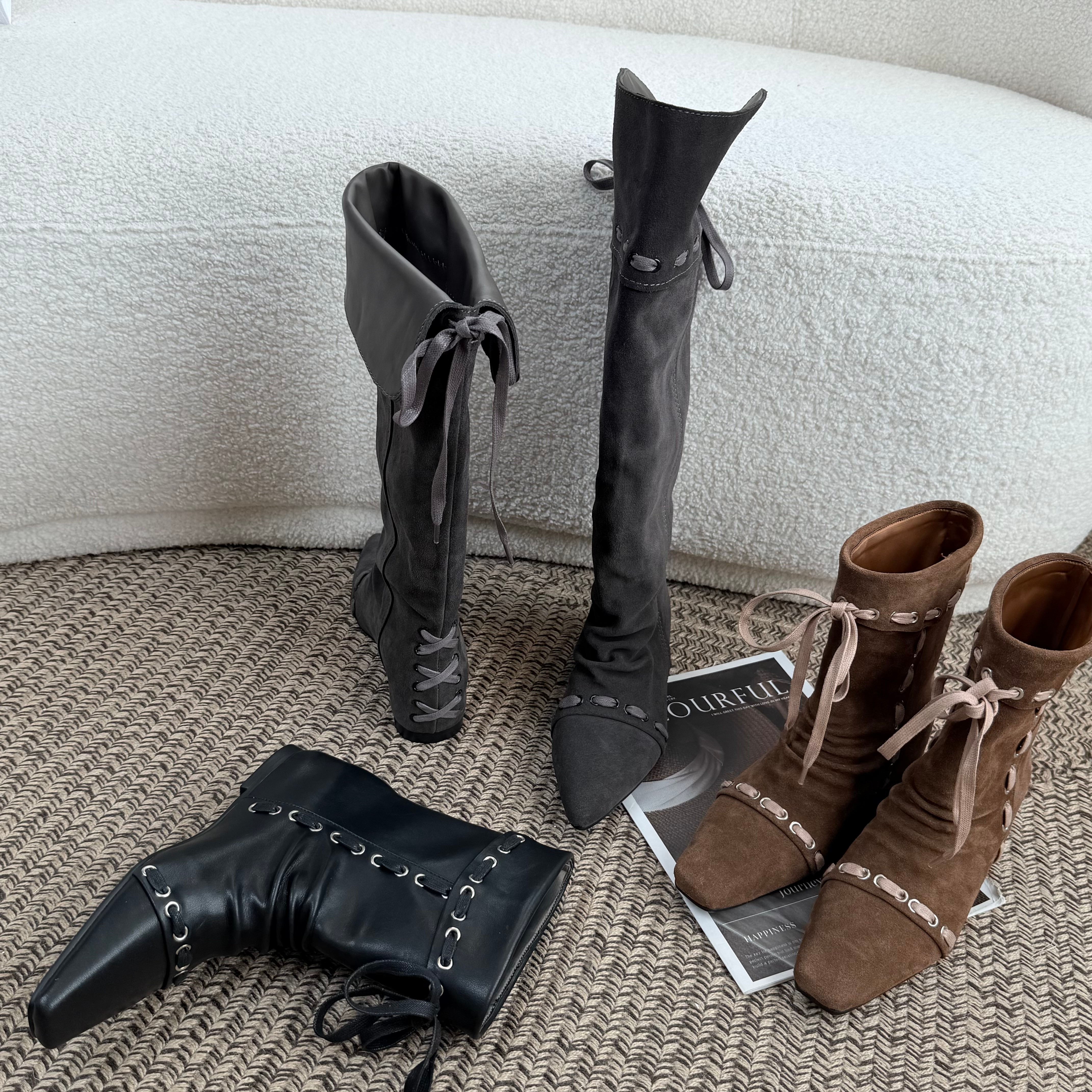 【LULINQI】4公分 小众时尚三穿尖头真皮堆堆靴 内增高中筒及膝靴女