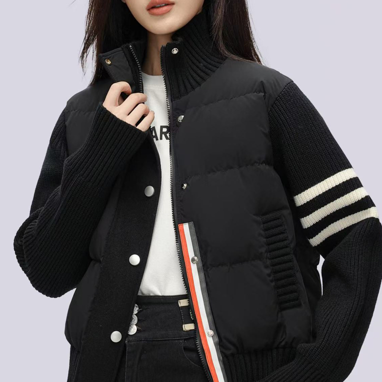 90白鸭绒羽绒服女短款2025年冬季新款轻暖拼接针织保暖羽绒服