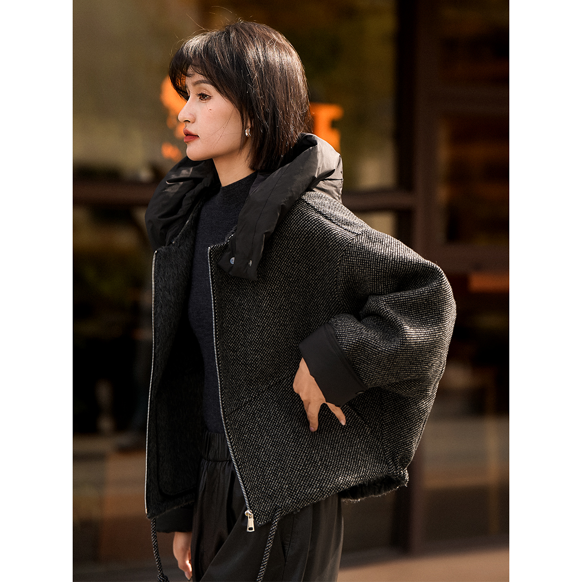 【帽子戏法】设计感可拆卸鹅绒帽羊毛羊驼毛双面呢大衣SME867181VG