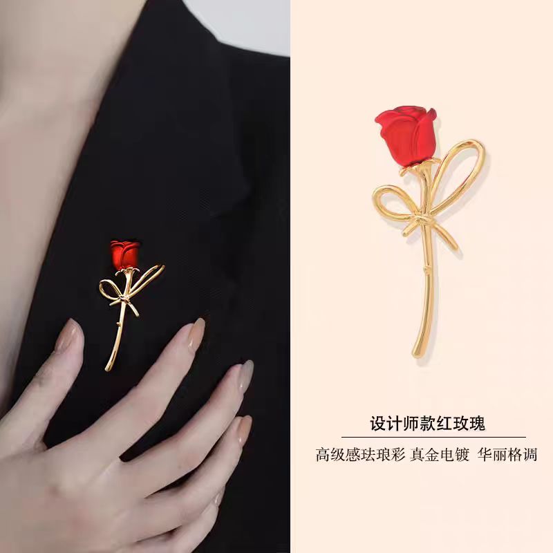 铜合金合成锆石胸针 铜合金【高级感红色玫瑰花胸针】165-4高档别针