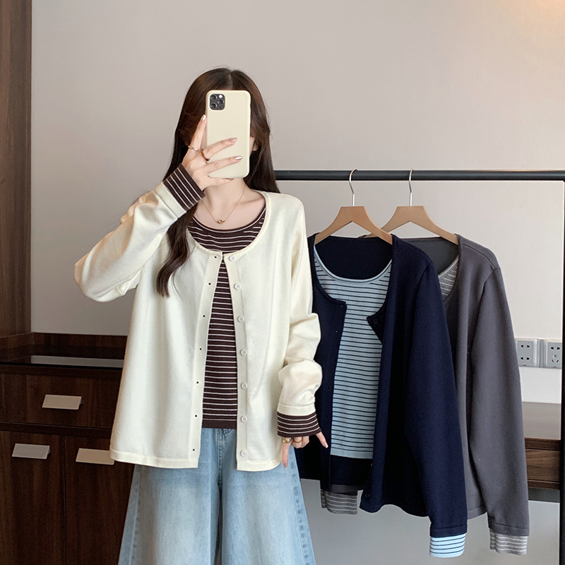 【涵胖胖】新款胖mm大码女韩系假两件显瘦减龄长袖针织上衣72030【B】