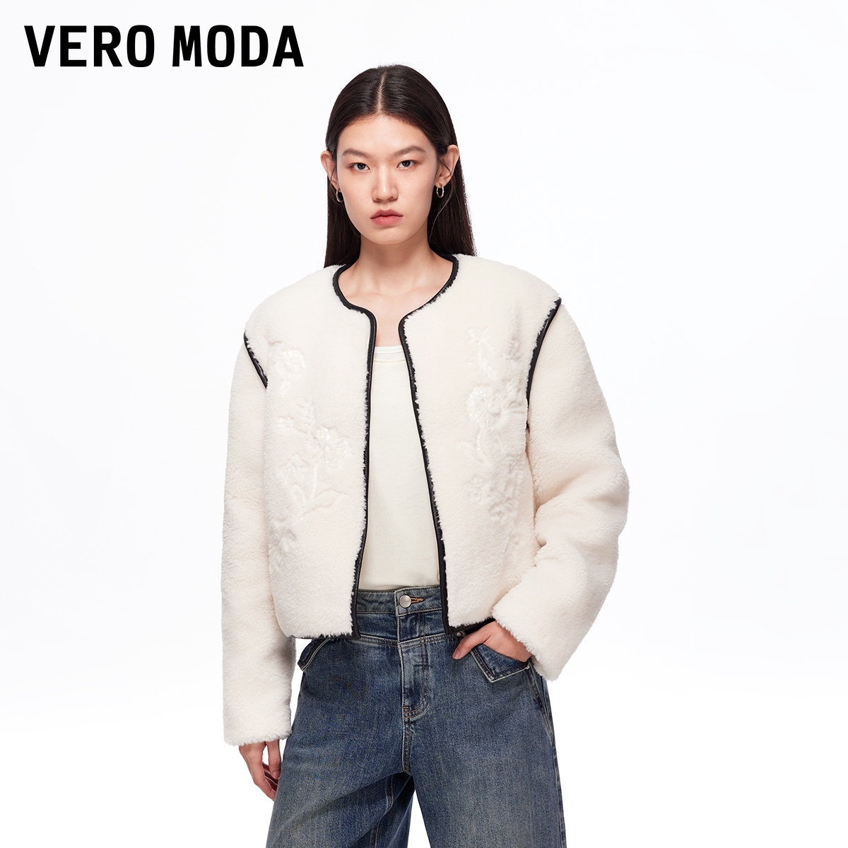 Vero Moda短外套2025秋冬新款撞色拼接宽松圆领毛绒上衣时尚洋气