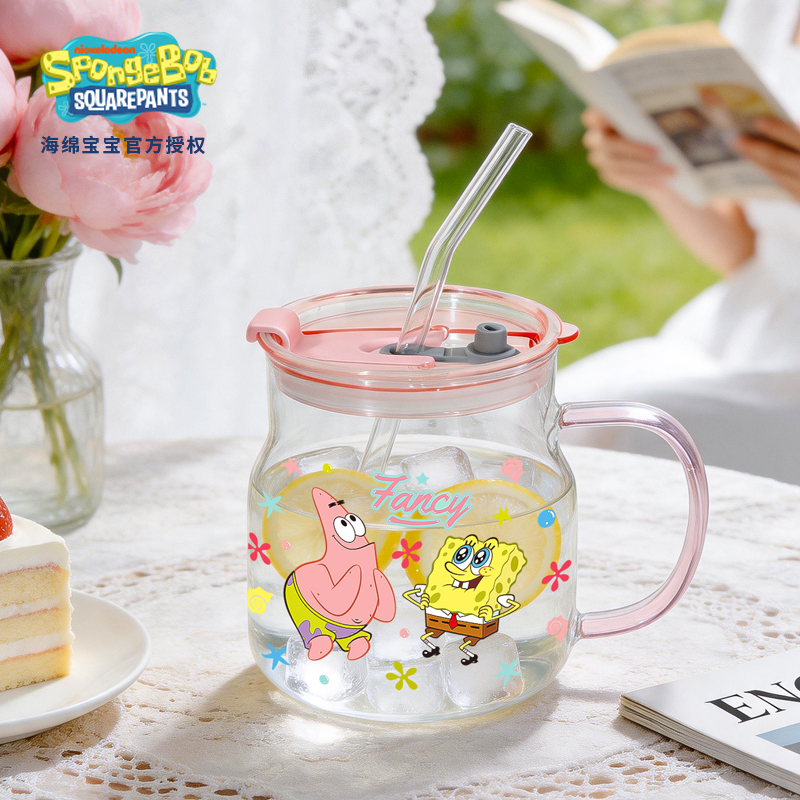 【正版】海绵宝宝玻璃杯可爱印花家用耐热玻璃杯大容量家用水杯
