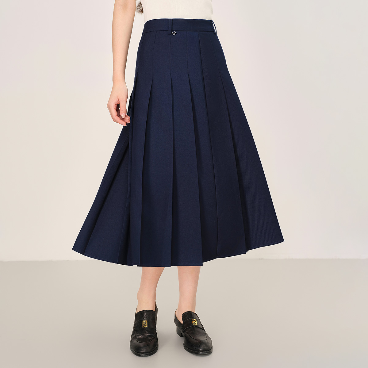 【年货节提前购】茵曼26春季学院风A字百褶裙百搭高腰显瘦中长半身