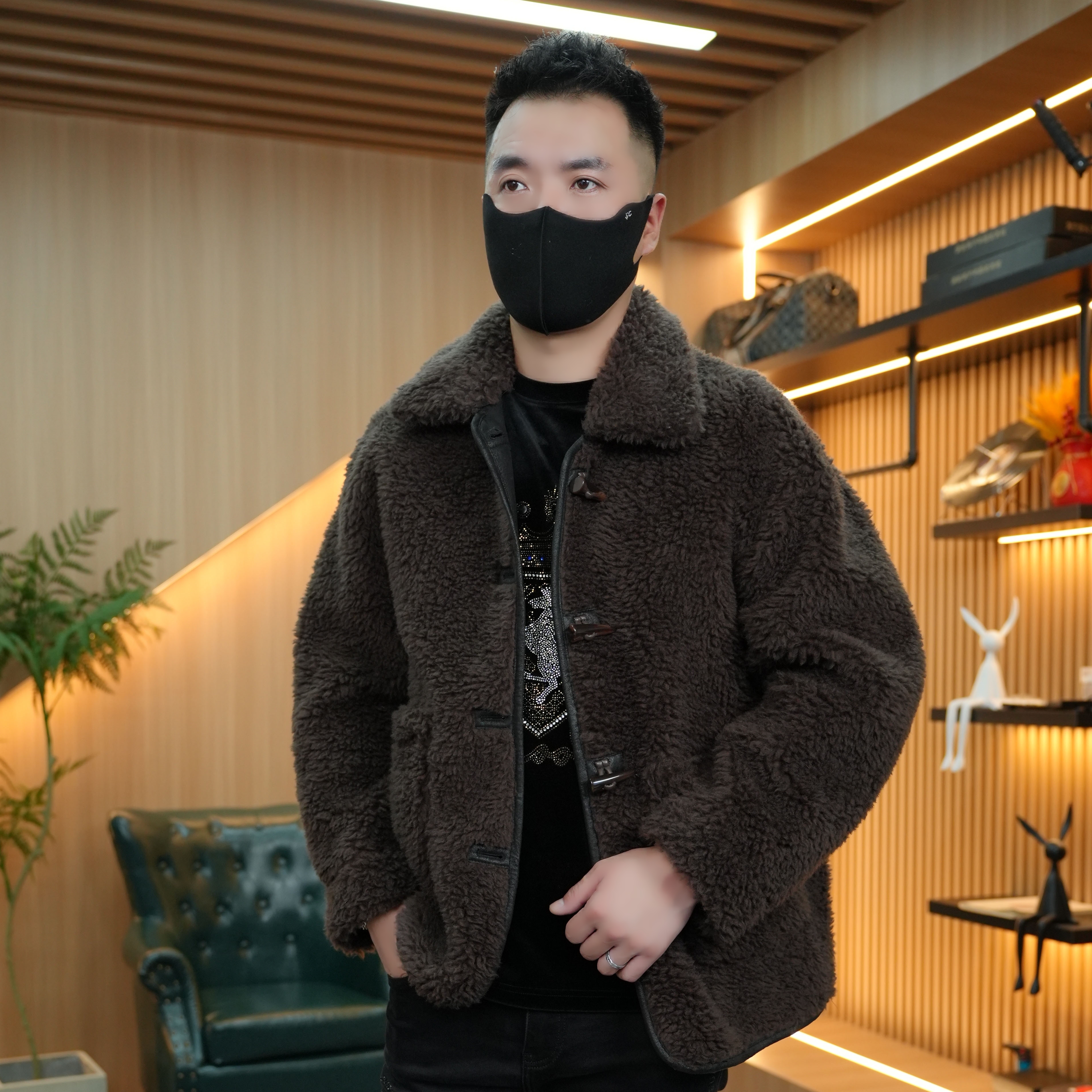 男士潮流翻领羊毛100%外套时尚休闲冬季保暖夹克男装秋冬加厚大衣