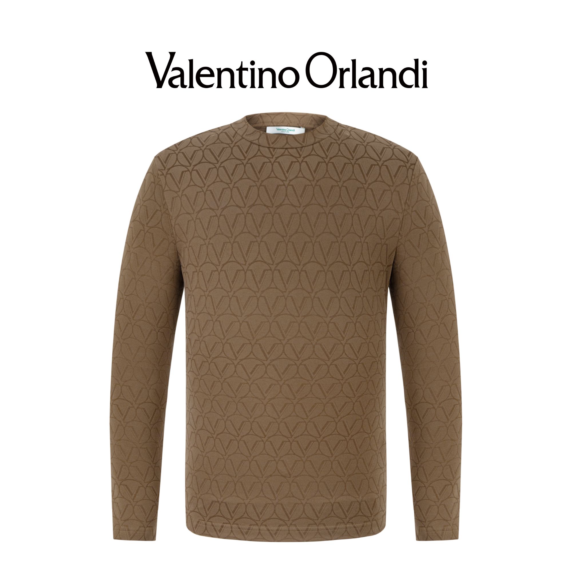 Valentino orlandi男士秋冬A版时尚百搭满印老花磨毛圆领长袖T恤