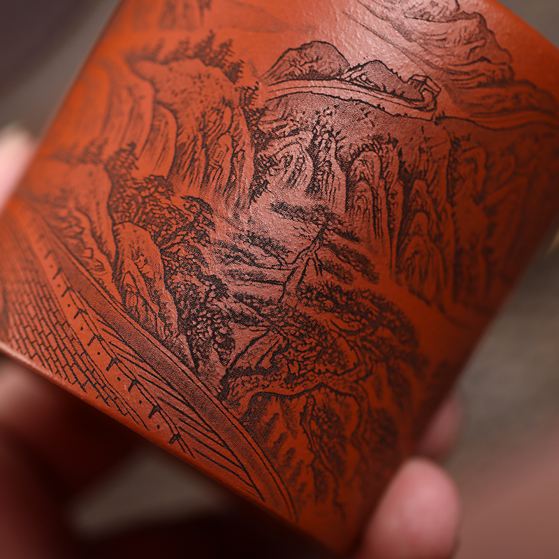 手工杯 | 宜兴紫砂扳指杯客杯（长城）朱泥紫砂杯